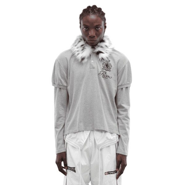 Protocol-Index-Gray-Layered-Fur-Collar-Polo Protocol Index Gray Layered Fur Collar Polo
